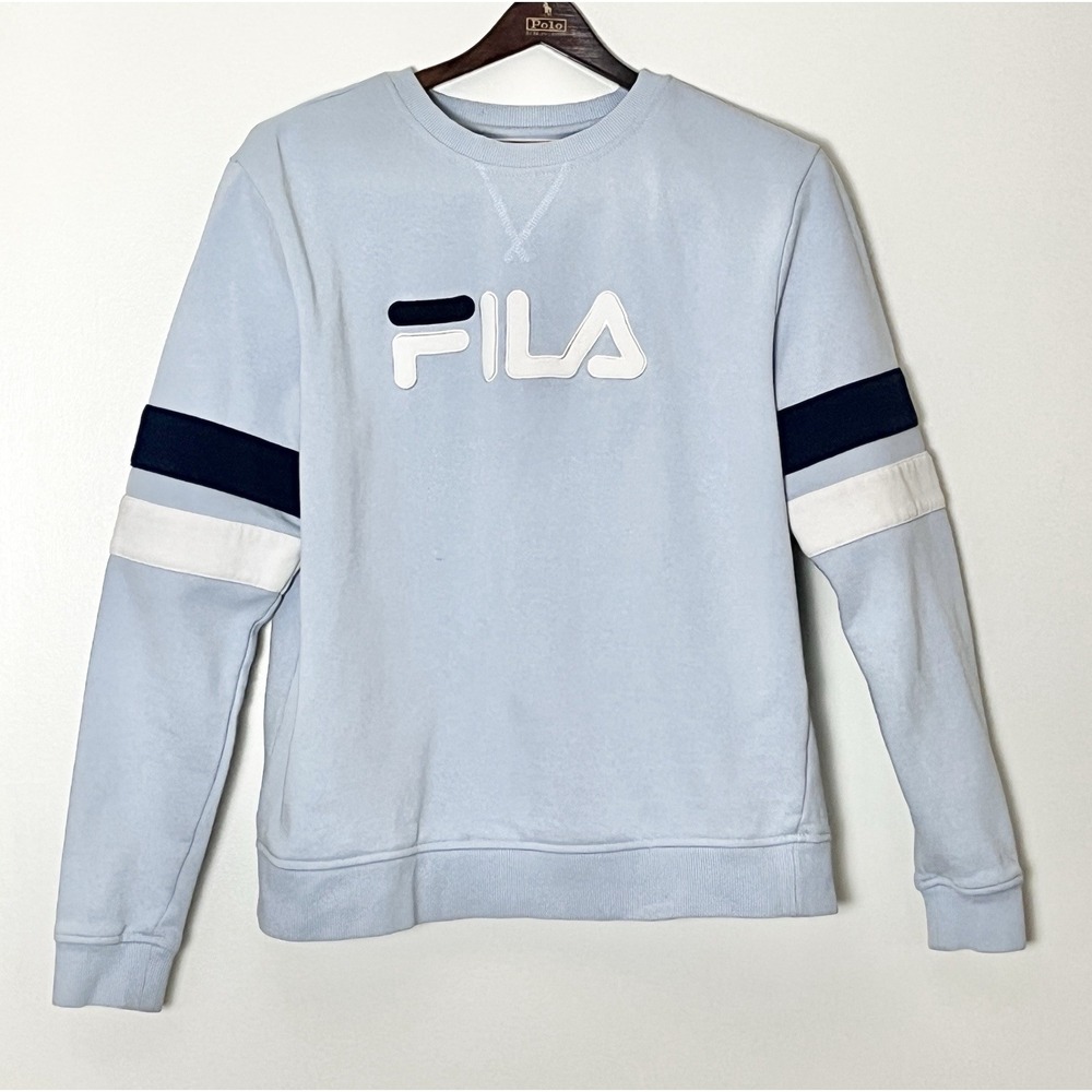 Fila Crewneck Sweatshirt Women's Large Blue Patchwork Logo Sports Athleisure Y2K